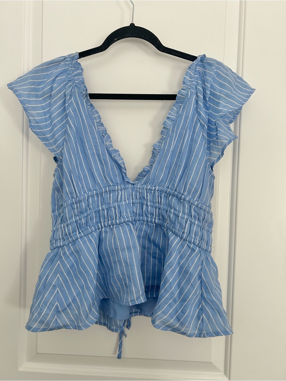 J.Crew Palermo Top in Ramie Striped Tie Waist Blouse - Picture 4 of 5